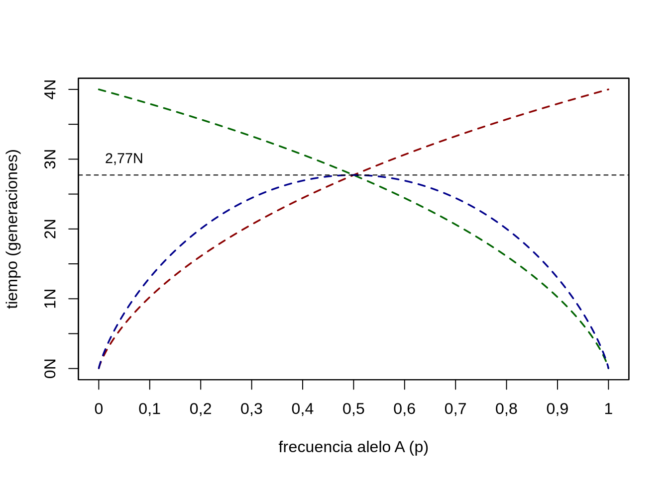 Tiempo medio a la fijación (verde), pérdida (roja) y de segregación (azul) en función de la frecuencia del alelo A. Cuando la frecuencia de A es 1/2 el tiempo medio de segregación es máximo y su valor esperado es de aproximadamente 2,77N generaciones.